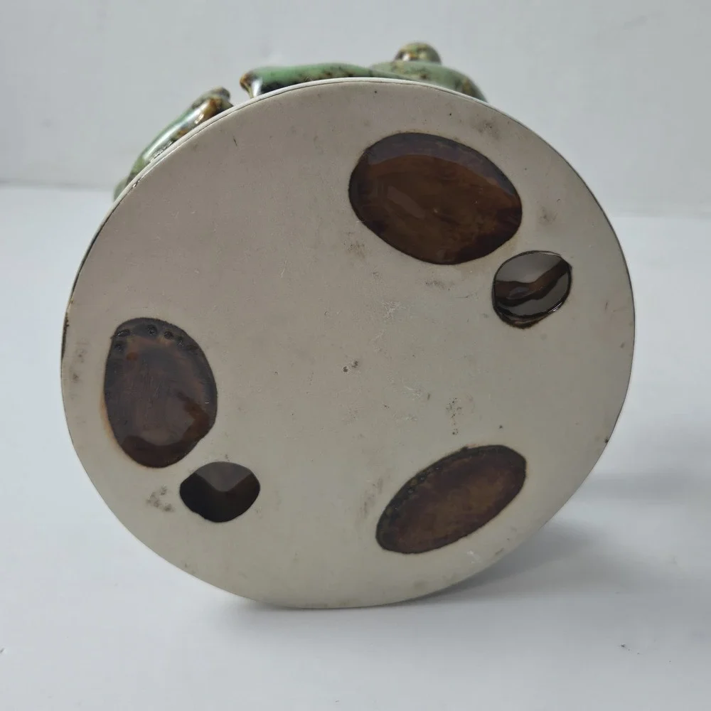 Vtg Circle of Three Frogs Candle Tea Light Holder Green Drip Glaze Art Pottery
